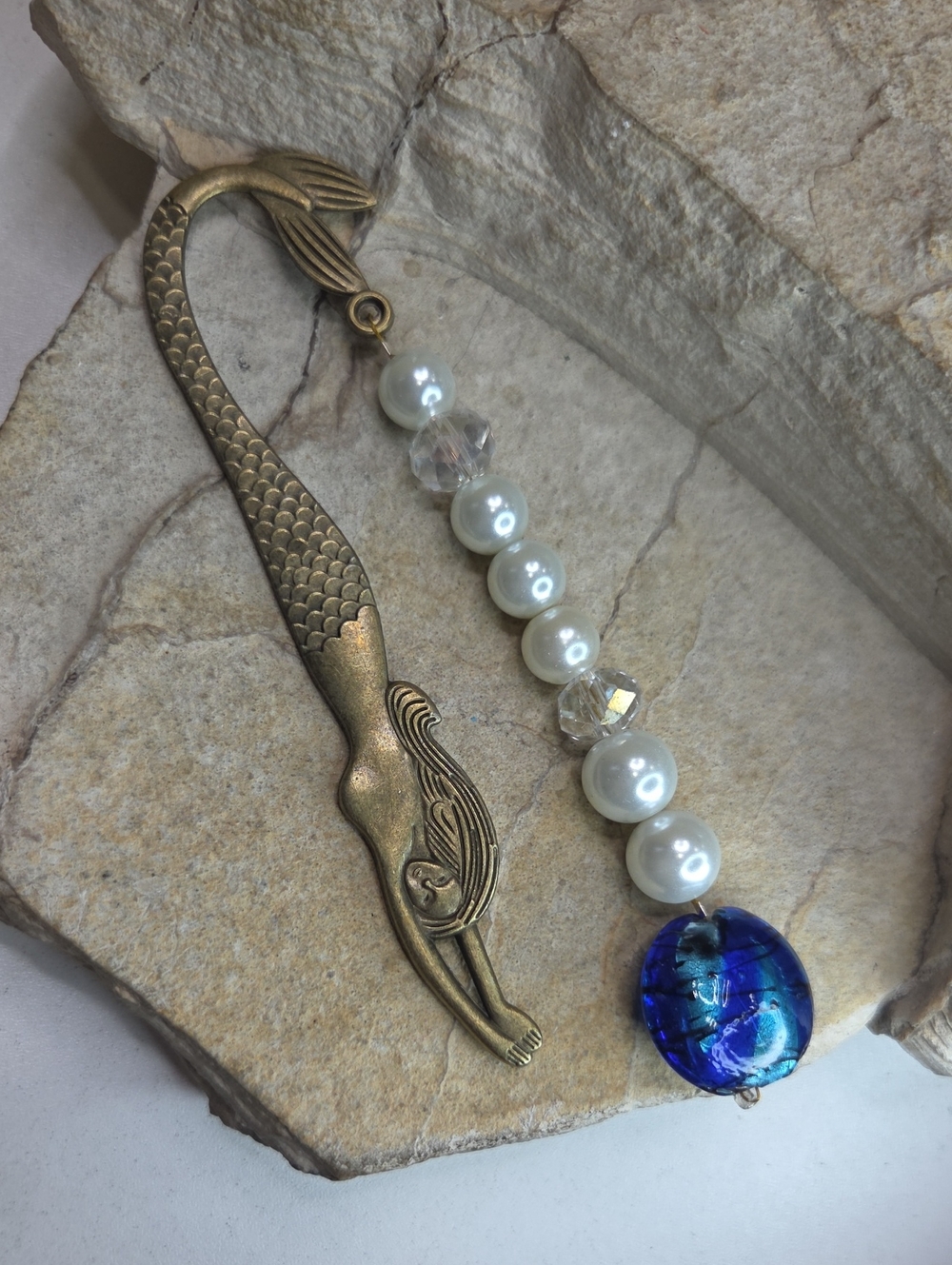 Vintage-Style Mermaid Pearl Bookmark with Blue Art Glass Charm